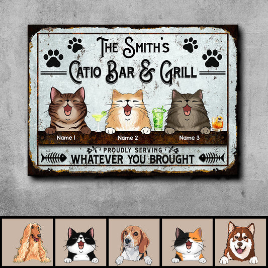 Catio Bar & Grill, Proudly Serving Whatever You Brought, Cat & Beverage Sign, Personalized Cat Breeds Metal Sign