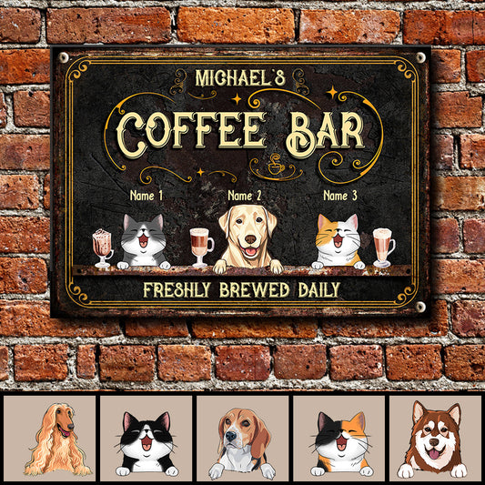 Coffee Bar Freshly Brewed Daily, Vintage Sign, Pet & Beverage, Personalized Dog & Cat Metal Sign