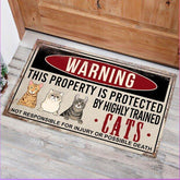 "Warning: This property is protected by highly trained Dogs/Cats" personalized doormat