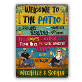 Patio Welcome Grilling Proudly Serving Whatever You Bring Husband Wife Couple Single - Backyard Sign - Personalized Custom Classic Metal Signs