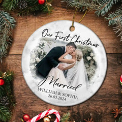 Custom Photo First Christmas As Mr & Mrs Couples - Personalized Circle Ceramic Ornament
