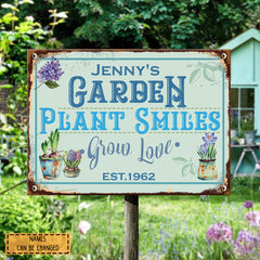 Metal Garden Sign, Plant Smiles Grow Love Vintage Sign, Personalized Housewarming Gifts