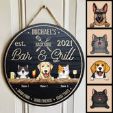 Backyard Bar & Grill, Good Food, Good Friends, Good Times, Custom Background Color, Personalized Dog & Cat Breeds Door Sign