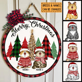 Merry Christmas - Red Plaid Around - Personalized Cat Christmas Door Sign