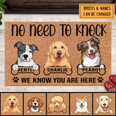 No Need To Knock, We Know You Are Here, Brown Background, Housewarming Gift, Personalized Dog Lovers Doormat