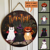 Trick Or Treat - Pumpkin Carving, Witch & Dracula Cloak, Devil Wings - Personalized Cat Halloween Door Sign