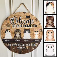 Welcome To Our Home - Personalized Cat On Wooden Door Sign