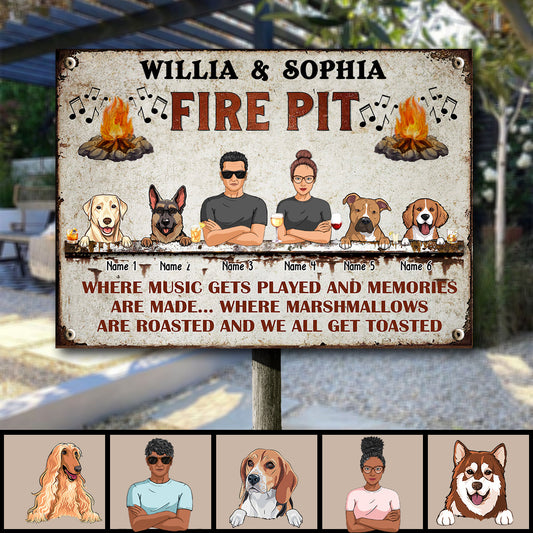 Fire Pit, Music Notes, Couple & Dogs, Personalized Dog Breeds Metal Sign, Gifts For Dog Lovers, Outdoor Decor
