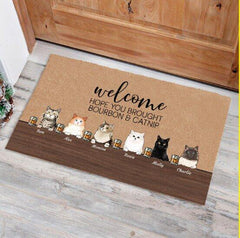 "Welcome, hope you brought bourbon and catnip" personalized doormat