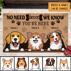 No Need To Knock We Know You're Here, Peeking From Curtain, Personalized Dog Breeds Doormat, Gifts For Dog Lovers