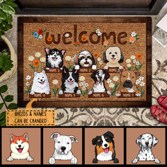 Welcome, Dog With Flowers Doormat, Personalized Dog Breeds Doormat, Home Decor, Gifts For Dog Lovers