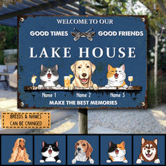 Metal Lake House Sign, Gifts For Pet Lovers, Good Times Good Friends Make The Best Memories Blue Welcome Signs